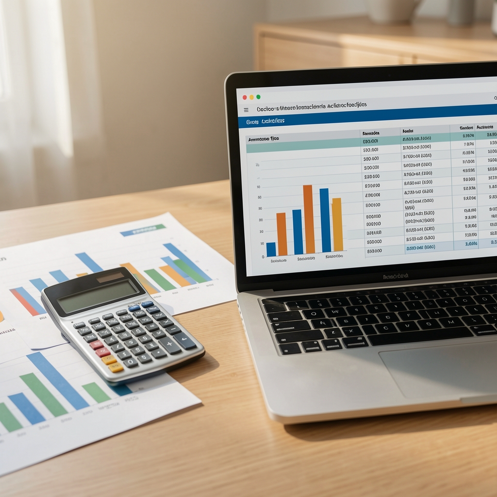 Calculadora, gráficos de barras impresos y una laptop mostrando una tabla de amortización de activos fijos