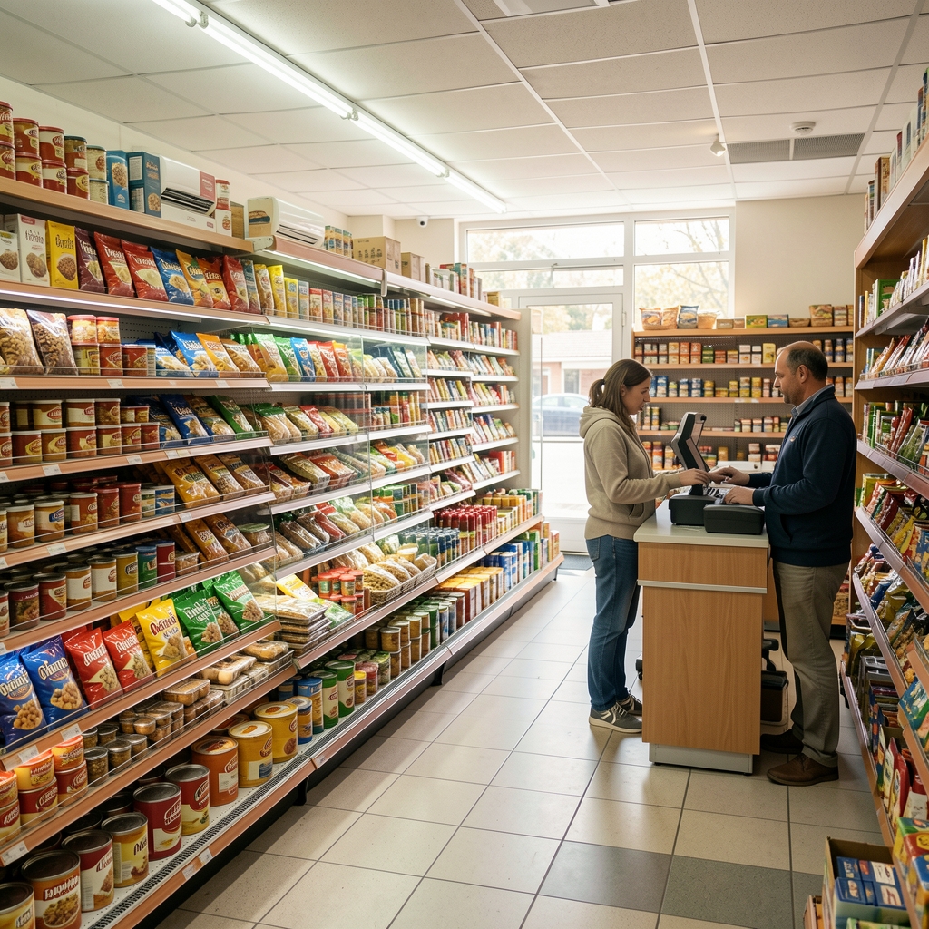 Góndolas de un supermercado de barrio con productos envasados y un cajero atendiendo a un cliente