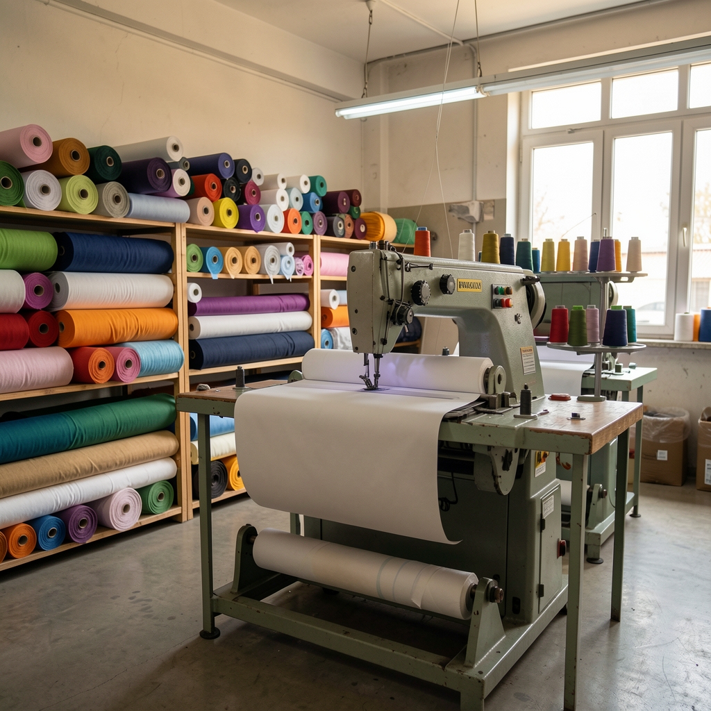 Interior de un taller textil con rollos de tela de colores y una máquina de coser industrial en funcionamiento